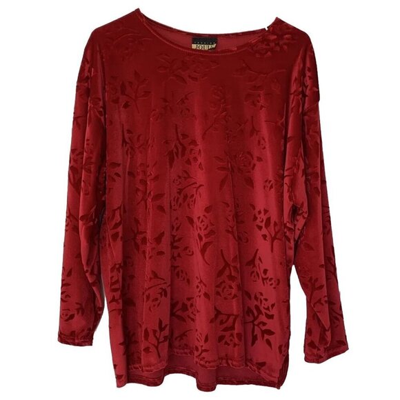 Jouly Tops - Jouly Women’s Size 1XL Red Floral Crushed Velvet Top Long Sleeve 90’s Vintage